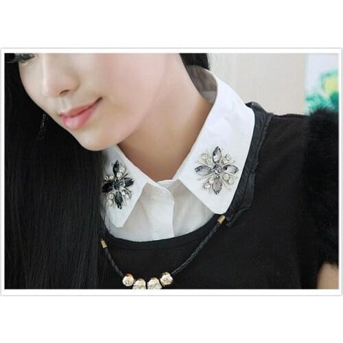 2016 New Fashion collar women Blue jeans detachable shirt Sweater Fake Collar Korean diamond crystal pearl cowboy shirt lapel