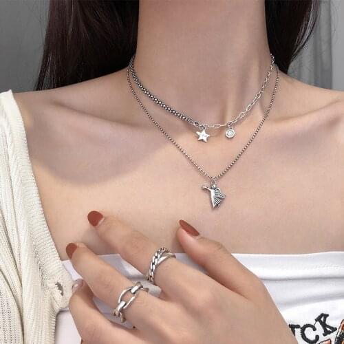 S925 Sterling Silver Necklace for Women Angel Star Lucky Simple Retro Clavicle Chain Jewelry Accessories Wholesale