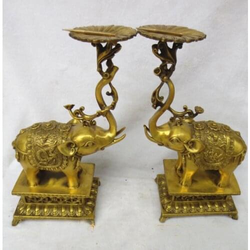 A pair # home shop company lobby thriving business Money Drawing GOOD LUCK Mascot Elephant candleholder FENG SHUI Brass statue