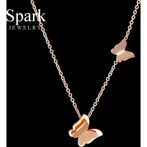 Spark Romantic Butterflies Pendant Charm Necklace Rose Gold Stainless Steel Chain Necklaces For Women Girls Valentines Day Gift