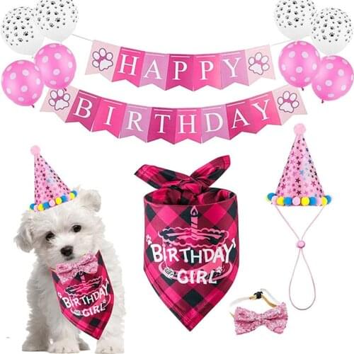 Pink Pet Birthday Party Decoration Headwear Birthday Dog Hat Cap Plaid Dog Scarf Collar Balloon Banner Set Gifts Dog Accessories