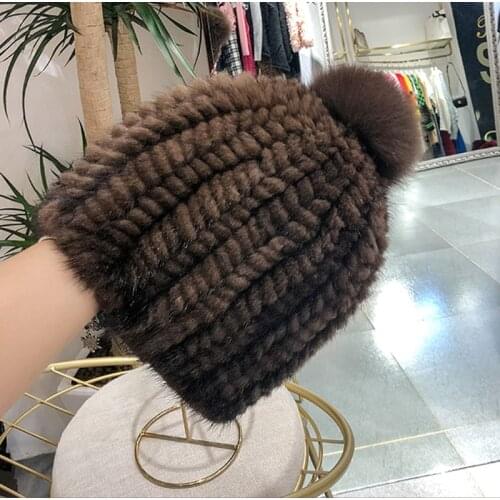 Warm Winter Hats for Women Knit Real Mink Fur Hat Ladies Pom pom Knitted hat Woman Beanie Girls Russia Fur Cap Genuine Mink Cap