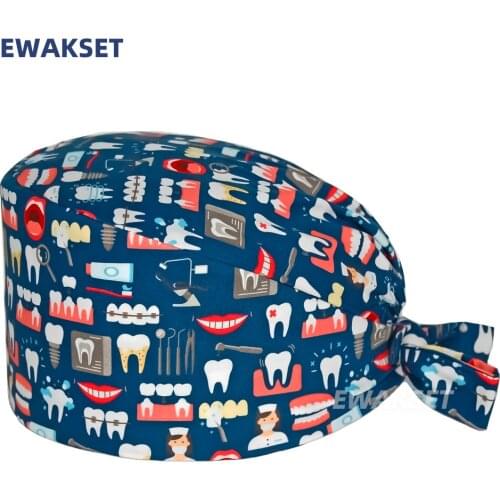 Dental Scrub Cap One Size Cotton Teeth Printed Nursing Cap Beauty Salon Dentist Clinic Elastic Working Accessories Surgicals Hat