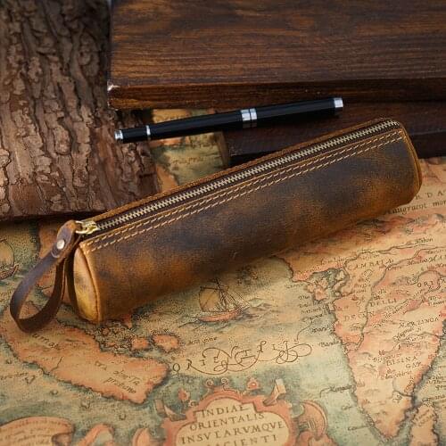Genuine Leather School Pencil Case Vintage Pen Box for Girls Boys Pencilcase Brown Round Zip Penal Cartridge Bag Stationery Kit
