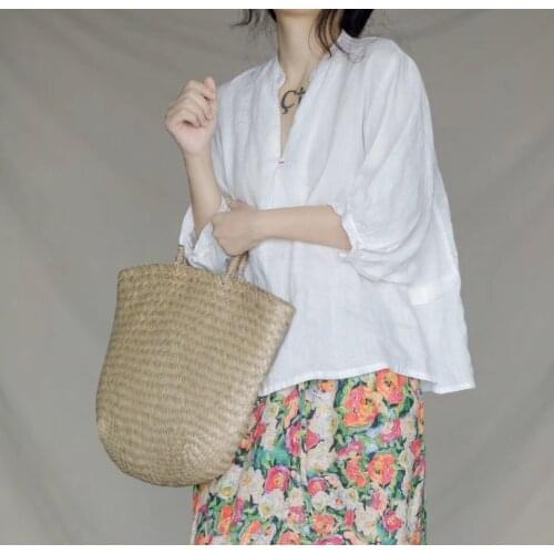 Spring / summer linen V-neck T-shirt loose and thin half sleeve top women 0904-6