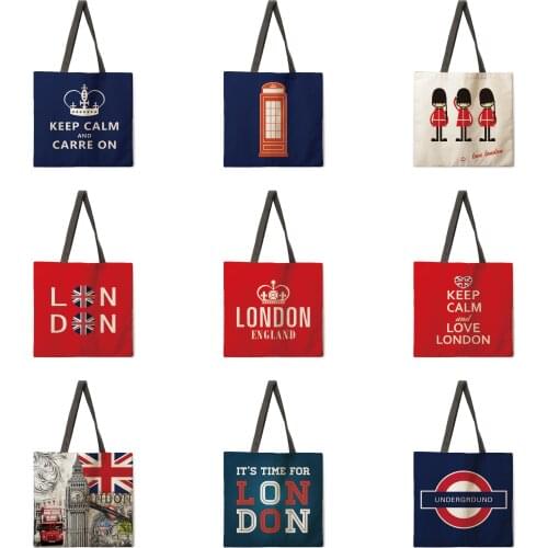 Womens beach bag foldable shoulder bag shopping bag British style printed tote bag linen casual tote bag reusable