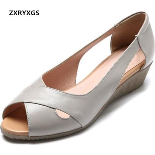 Top Soft Cowhide Summer Leather Sandals Soft Bottom Comfort Sandals 2020 New Fish Mouth Sandals Flat Wedges Women Sandal Shoes