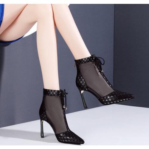 High-heeled sandals women 2021 new net boots womens hollow fashion stiletto rhinestone sexy Baotou Roman sandals women