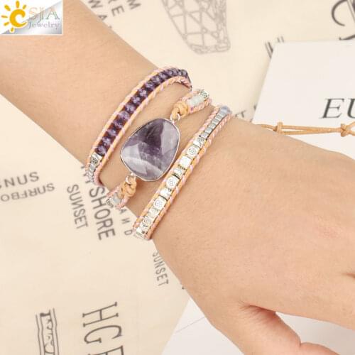 CSJA Mixed Natural Stones Leather Wrap Bracelets for Women Bohemian Multilayer Beaded Bracelet Handmade Hand Weave Jewelry S473