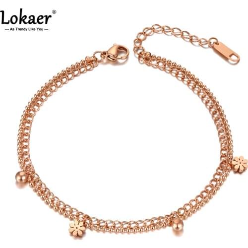 Lokaer Trendy Double Layer Small Daisies Charm Anklets For Women Stainless Steel Foot Link Chain Anklet Female Jewelry A21005