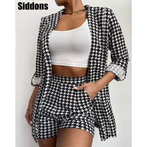 2 Pieces Women Plaid Classical Houndstoot Blazer Coat & Shorts Suits