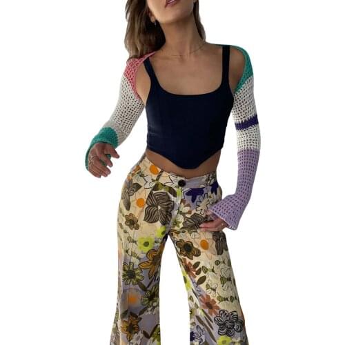 Womens Casual Long Sleeve Cardigan Fashion Contrast Color Short Style Knitted Hollow Smock