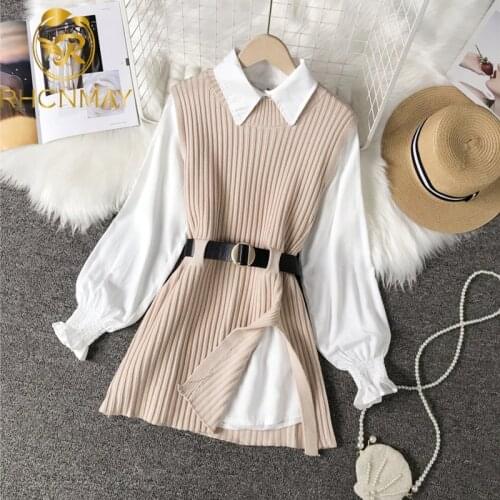 Women Two Piece Sets Elegant Suits Female Knitted Vest Sweater Belt Causal Blouse Lantern Sleeve Shirt Slim Office Women Sets