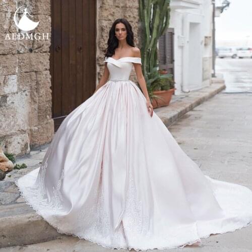 Aedmgh A-Line Satin Wedding Dresses 2021 Sweetheart Off The Shoulder Vestido De Novia Crystal Sashes Bridal Gown Robe De Marige