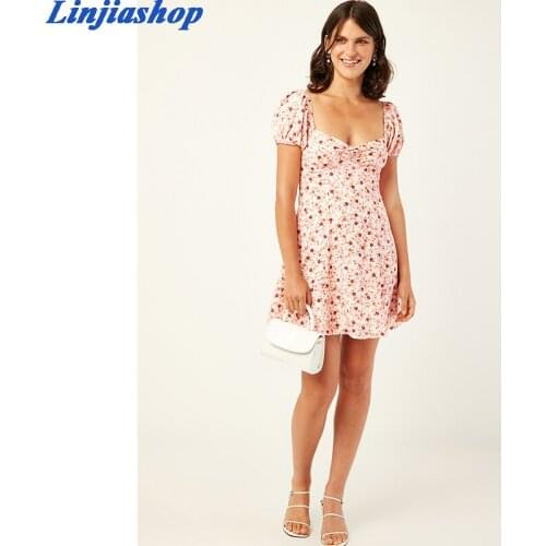 Elegant floral print mini dress women square collar lining elastic short sleeve chic pink dress ladies vestidos dropshipping