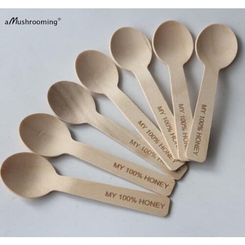 100pcs Plain or Personalized Natural Wood Disposable Mini Honey Coffee Tea Cake Dessert Spoons