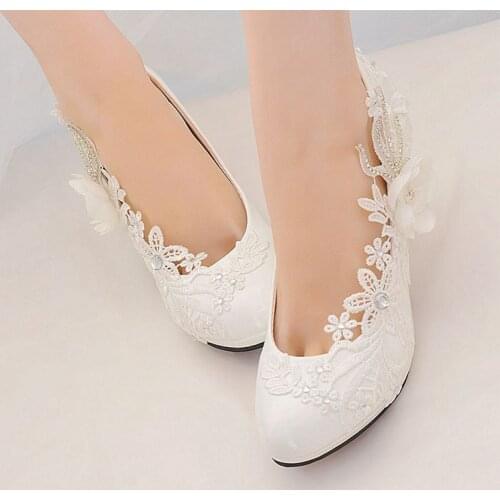 White lace bridal shoes handmade luxury crystal rhinestones flowers bridal bridesmaid brides plus size pumps 8CM heel