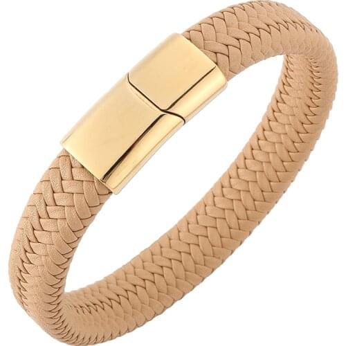 Hot Sale Men Women Jewelry Khaki Braided Leather Bracelet Golden Stainless Steel Magnetic Clasp Fashion Woven Wristband SP0230