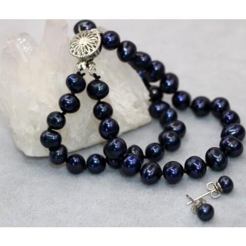 Natural 7-8mm black pearl beads 2 rows bracelets earrings wedding party gifts high quality new fahion jewelry set 7.5inch B3024