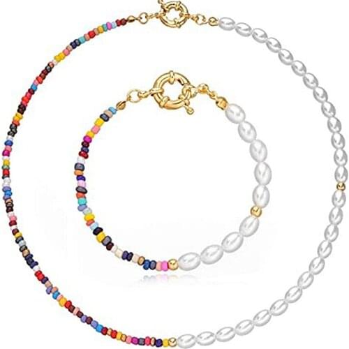 Colorful Rice Beads Imitation Pearls Necklace Bracelet for Women Gold Silver Color Fish Line Necklaces Female 2021 Fashion