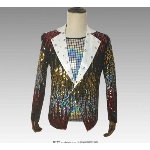 Mens Personalized Nightclub Style Colour Sequins Rhinestone DJ Performance Costumes Fashion Party Prom Male Single Button Suit
