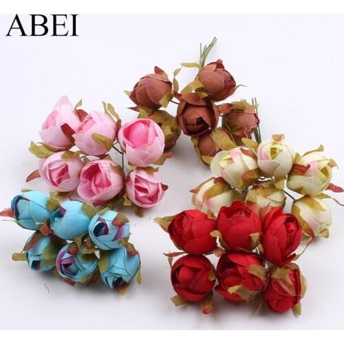 12pcs/lot Artificial Flower Bouquet Rose Bud For Wedding Party Christmas Decoration Fake Silk Fabric Flower DIY Wreath Garland