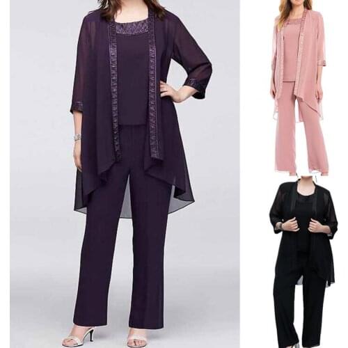 Suits Mid Rise Straight-leg Women Lace Trim Chiffon Top Pants for Wedding Party