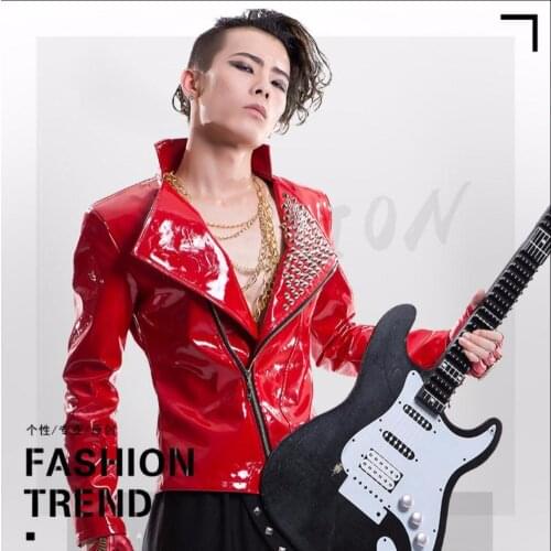 S-5xl New Patent Leather Rivet Jacket Dj Ds Bar Costumes Mens Clothing Tide Personality Outerwear Male Singer Stage Show Jacket
