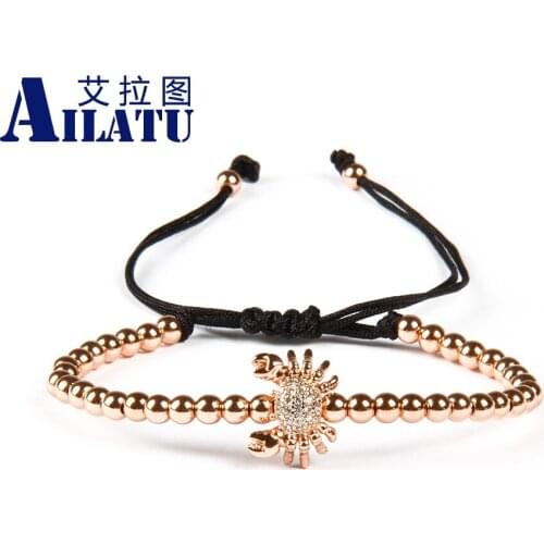 Ailatu Fashion Jewelry 4mm Beads Micro Pave CZ Animal Style Crab Charm Macrame Bracelet Animal Shape