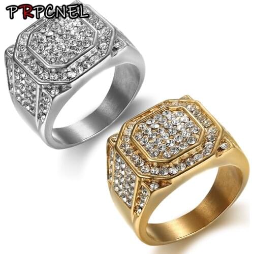 Hip hop gold silver color pave setting Rhinestone iced out bling Men rings 316L Stainless Steel fashion ring male jewelry gift