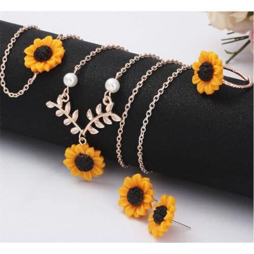 DoreenBeads Romantic Jewelry Set For Women Rose Gold Orange Sunflower Imitation Pearl Gift 56cm long, 1.8cm x 1.8cm, 1 Set