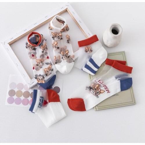 New Fashion Casual High Quality Crystal Silk Tide Sock Summer Girl Cartoon Harajuku Sexy Breathable Cat Short Sock