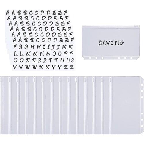 15Pcs Binder Pockets A6 Size 6 Holes Zipper Binder Folders PVC Loose Leaf Bags and 6 Sheets Letter Sticker Labels