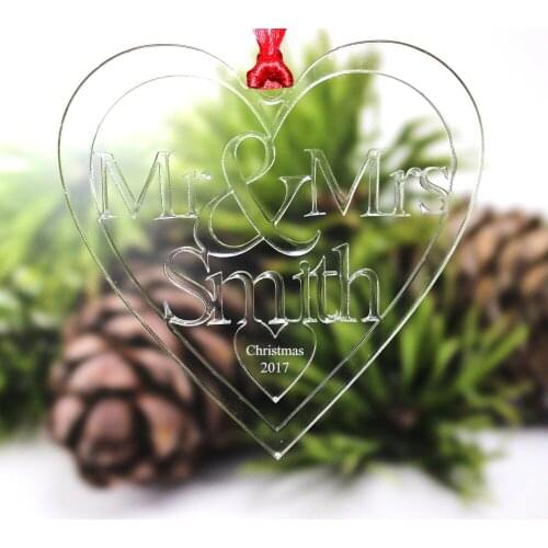 Personalized Engraving Name In The Heart Clear Hanging Ornament Laser cut out Mr & Mrs Christmas Wish Tree Decoration
