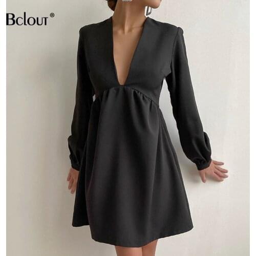 Bclout V Neck Lantern Sleeve Plain Elegant Dress Summer High Waist Mini Dresses For Women Long Sleeve A-Line Party Night Robe