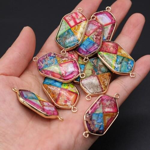 Natural Semi-precious Stone Pendant Gilded Edge Hexagon Connector Emperor Stone 20x42mm for Jewelry Making Necklaces Gift