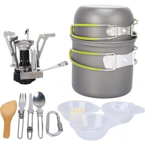 1-2 Person Outdoor Camping Hiking tableware Aluminium Alloy Cookware Cooking Picnic Traveling Bowl Pot Pan Set+Gas-Burner