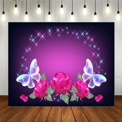 Nitree Photo Studio Props Vinyl Photography Backdrop Fantasy Butterflies Pink Roses Glowing Stars Kids Birthday Decoration