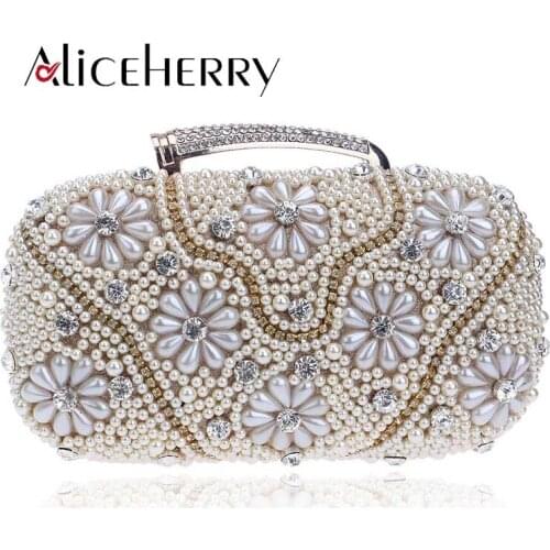 Luxury Designer Women Evening Bag Ladies Flower Wedding Clutches Female Gold Silver Black Diamonds Pearl Clutch Purse