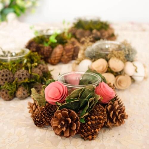 Spring Decor Wood Rose Candle Holder Easter Candlestick Party Rustic Table Centerpieces Xmas Candle-Holder Real Moss Pine Cone