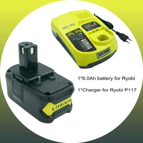 EU Plug P117 Charger + P105 P108 18V 6000mAh Li-ion Rechargeable Battery for Ryobi P100 P109 P104 BPL1820 P106 RB18L50 RB18L40