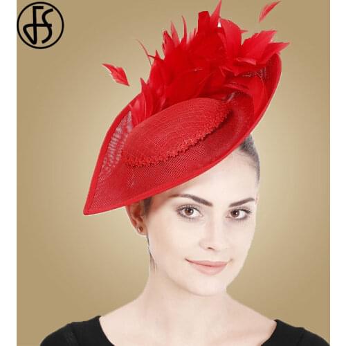 FS Ladies Red Hats Sinamay Fascinator For Wedding Women Tea Party Kentucky Derby Hat Race Feathers Formal Hats Bridal Fedoras