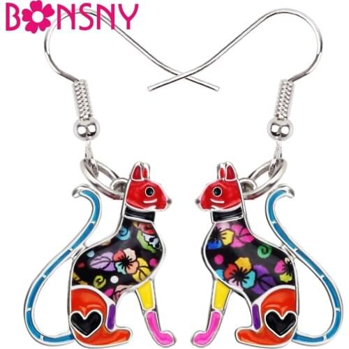 Bonsny Statement Enamel Alloy Elegant Floral Kitten Cat Earrings Big Long Fashion Cartoon Animal Jewelry For Women Girl Kid Gift