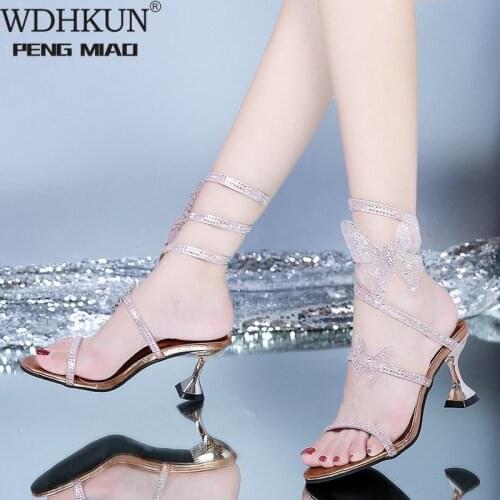 Meriahzheng 8CM 2020 Sexy Club Banquet Womens Shoes Stiletto High-heel Snake Wrap Strap Rhinestone Ankle Wrap Strap Sandals DS