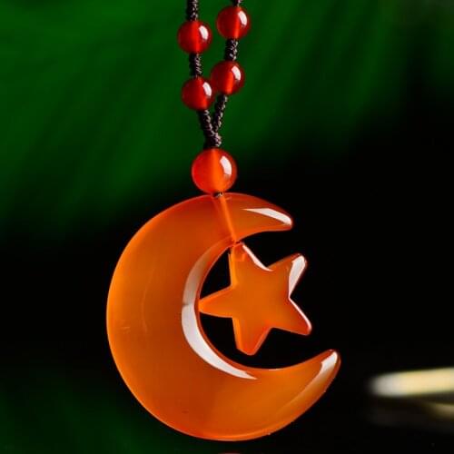 Natural Red chalcedony Amulet carnelian Pendant Bead Necklace Moon Star hanging Talisman