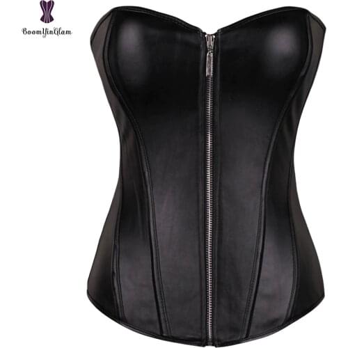 Push Up Women Black Faux Leather Bustier Burlesque Basque Fancy Dress Corset With G String 834