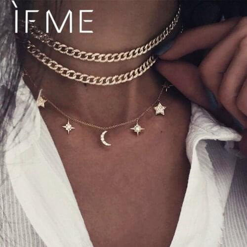 IF ME Bohemian Gold Color Crystal Moon Star Crescent Necklace for Women Multilayers Vintage Chain Choker Necklace Jewelry New