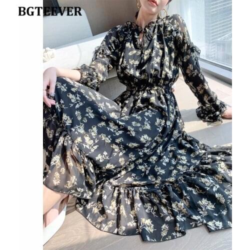 BGTEEVER Fashion Ladies Chiffon Dress Full Sleeve Elastic Waist Floral Female A-line Dress Elegant Ruffles Autumn Vestidos 2021