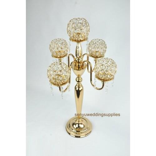 12 pcs )Wholesale Table 5 Arms Cheap Glass Crystal Gold Candelabra Candle Holder Wedding Centerpieces senyu01300