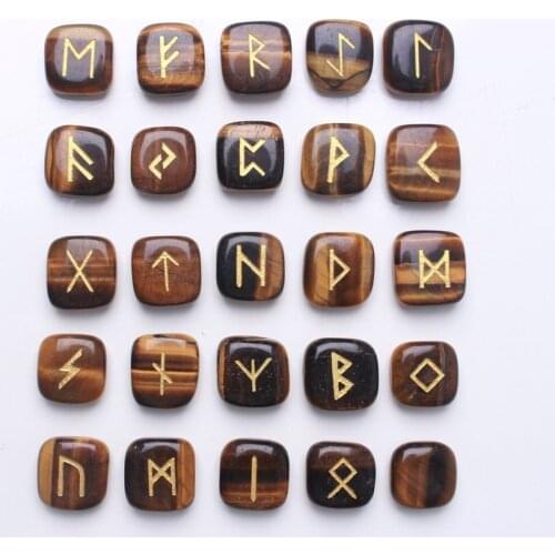 25Pcs Natural Tiger eye stone Carved Crystal Reiki Healing Palm Stones Engraved Pagan Lettering Wiccan Rune Stones
